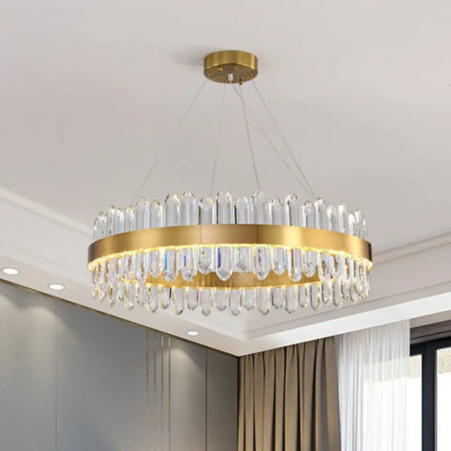 Minimalist Gold Halo Chandelier Pendant With Led Crystal Icicle - Elegant Hanging Light Fixture