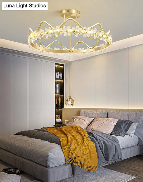 Minimalist Gold Led Ceiling Light With Crystal Flower Design For Bedroom