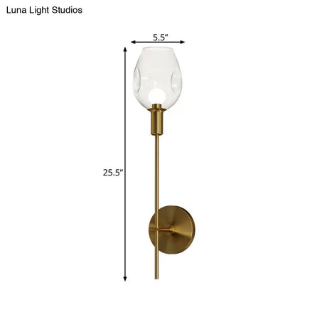 Minimalist Gold Sconce Wall Light With Clear Dimpled Cup And Pencil Arm For Hallway