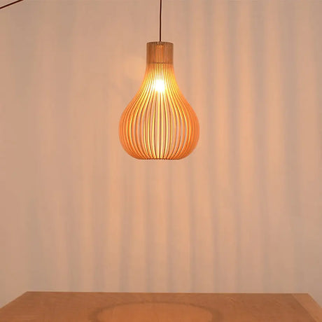 Minimalist Gourd Pendant Lamp With Wood Shade And Cutouts - Beige | Available In 12’/15’ W / 12’