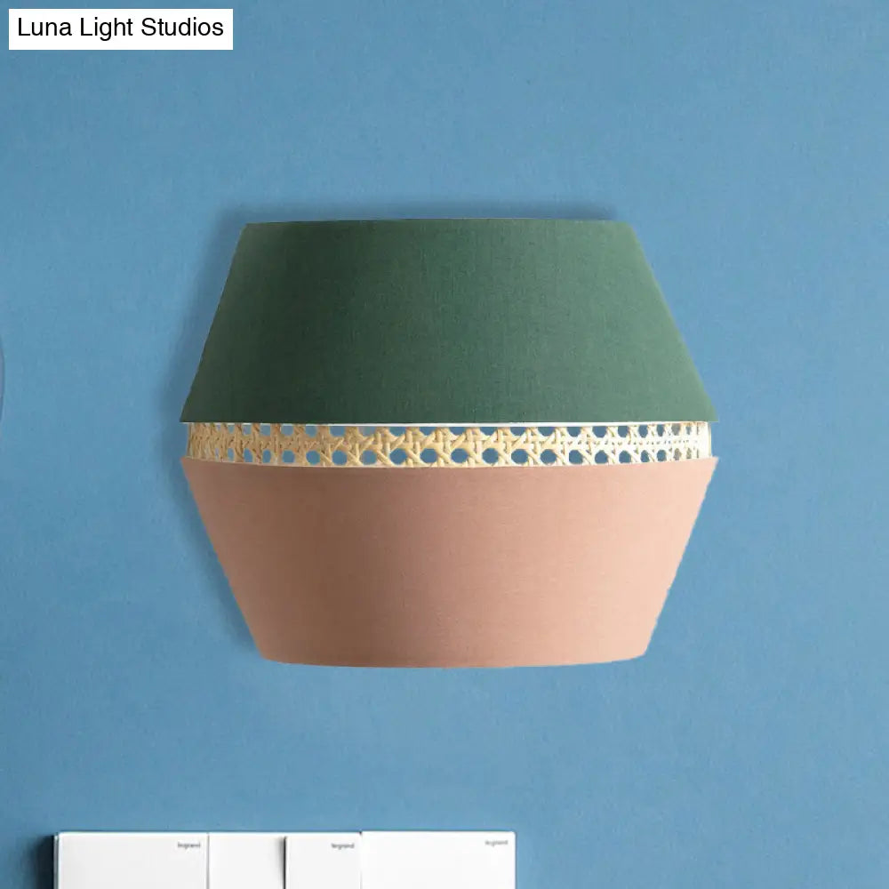 Minimalist Green And Pink Cutout Sconce With Rattan Detail - Wall Mounted Light For Bedroom