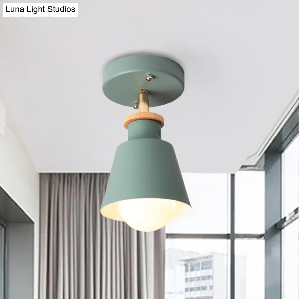 Minimalist Iron Semi Flush Ceiling Lamp In White/Green With Adjustable Rod - Conical Lighting
