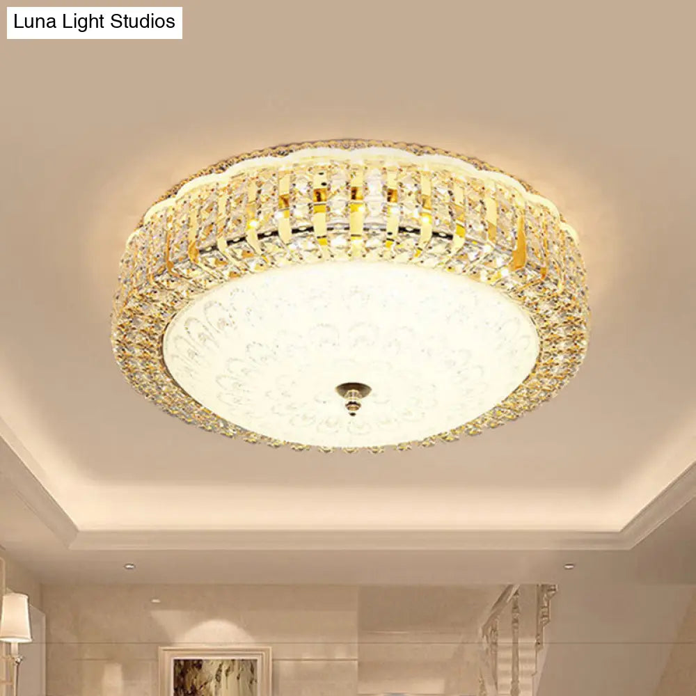 Minimalist Led Crystal Ceiling Light For Hotels - Frosted Flower Glass Shade Gold Finish