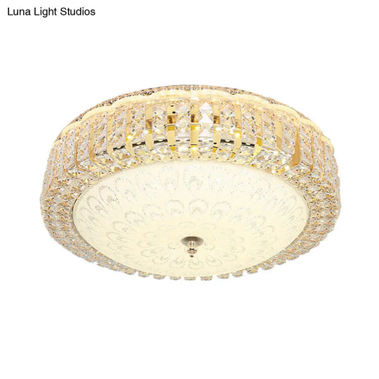Minimalist Led Crystal Ceiling Light For Hotels - Frosted Flower Glass Shade Gold Finish