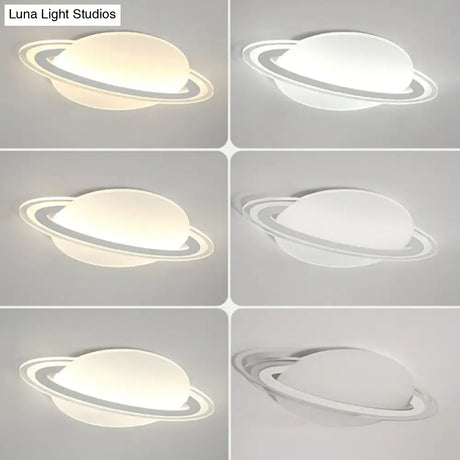 Minimalist Led Flush Lamp For Kids Bedroom: Ringed Planet Ceiling Light In White / 12 Remote Control