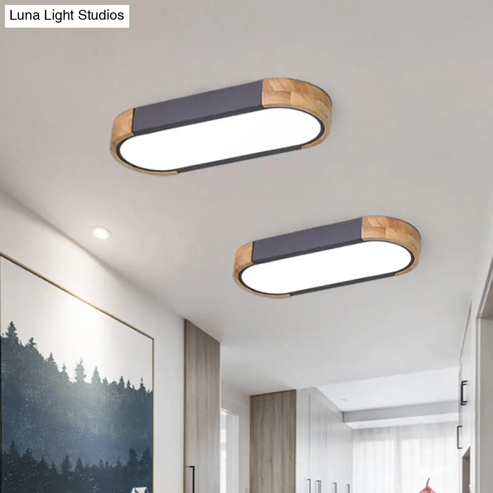 Minimalist Led Flush Mount Ceiling Light: Grey Wood Accent Oblong Shape