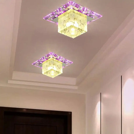 Minimalist LED Hallway Ceiling Lamp with Cube Crystal Shade - Clear Flush Mount Light Clear / Purple