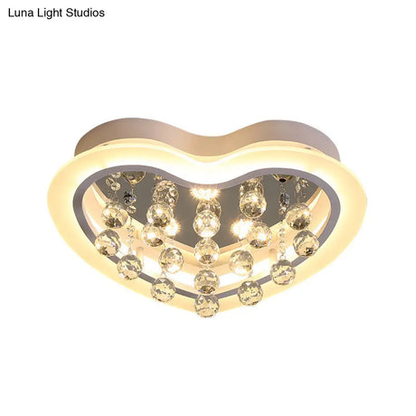 Minimalist Led Heart Ceiling Light In White With Crystal Orb - 16’/19.5’ Acrylic Flush Fixture