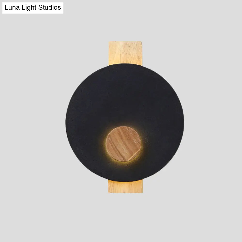 Minimalist Led Metal Disk Wall Light Fixture With Wood Backplate - Black/Grey/White