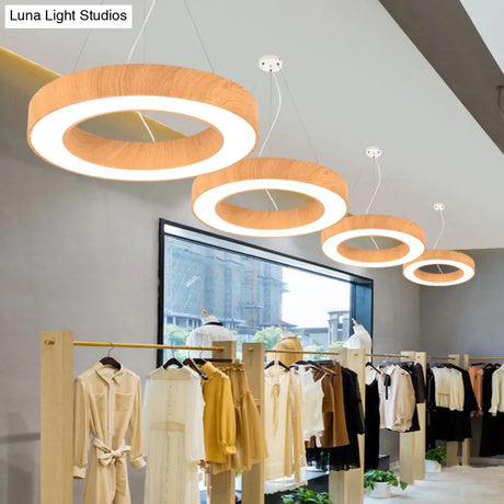Minimalist LED Pendant Lamp for Meeting Rooms: Light Wood Circle Design with Metal Accents