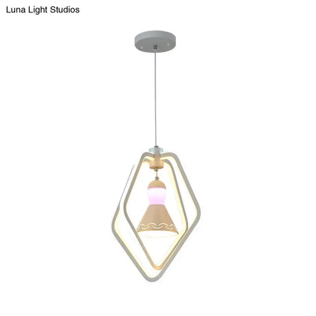 Minimalist Led White Pendant Lamp With Acrylic Dual Pentagon Frame And Bell Inside