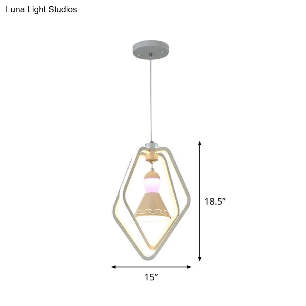 Minimalist Led White Pendant Lamp With Acrylic Dual Pentagon Frame And Bell Inside