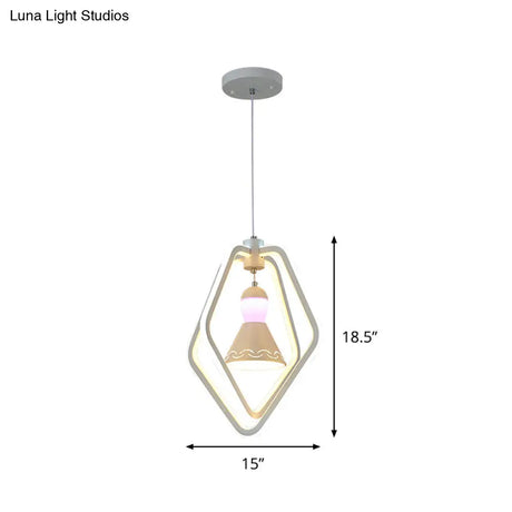 Minimalist Led White Pendant Lamp With Acrylic Dual Pentagon Frame And Bell Inside