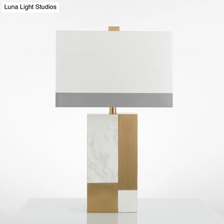 Minimalist Marble Nightstand Lamp: Rectangle Design Grey/White With Brass Colorblock Fabric Shade 1