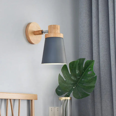 Minimalist Metal 1-Head Barrel Wall Lamp Sconce With Wood Backplate - Stylish Living Room Light