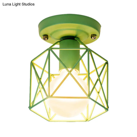 Minimalist Metal Frame Ceiling Mounted Light With White Pink And Green Accents - Ideal For Cloakroom