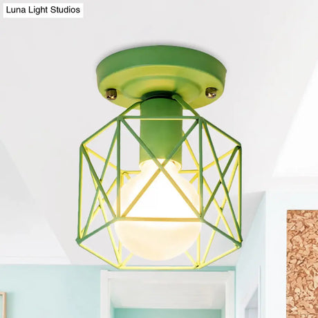 Minimalist Metal Frame Ceiling Mounted Light With White Pink And Green Accents - Ideal For Cloakroom