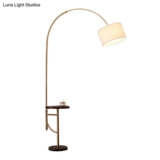 Minimalist Metallic Arched Floor Lamp With Drum Fabric Shade In Gold