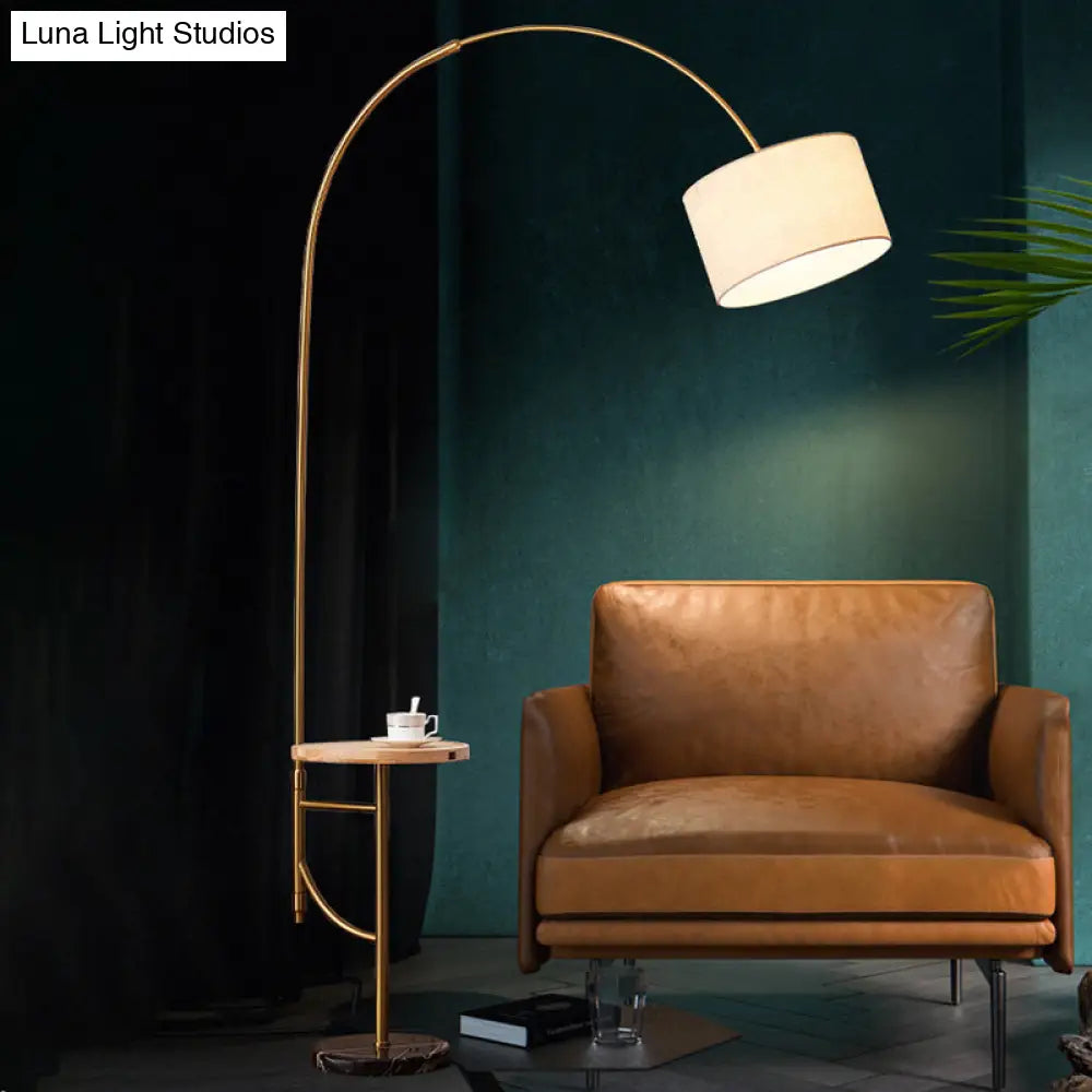 Minimalist Metallic Arched Floor Lamp With Drum Fabric Shade In Gold