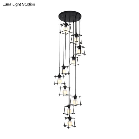 Minimalist Metallic Cube Cage Stair Pendant Light Chandelier - 10 Bulbs Black Finish