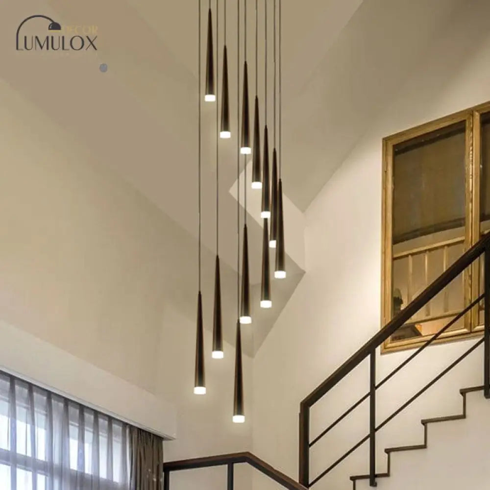 Minimalist Metallic Multi Ceiling Light Staircase Suspension Lighting With Acrylic Shade 12 / Black