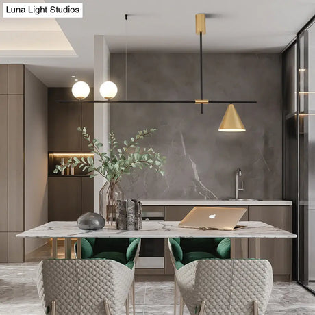 Minimalist Modern Linear Chandelier With Spherical White Glass Ceiling Light Fixture