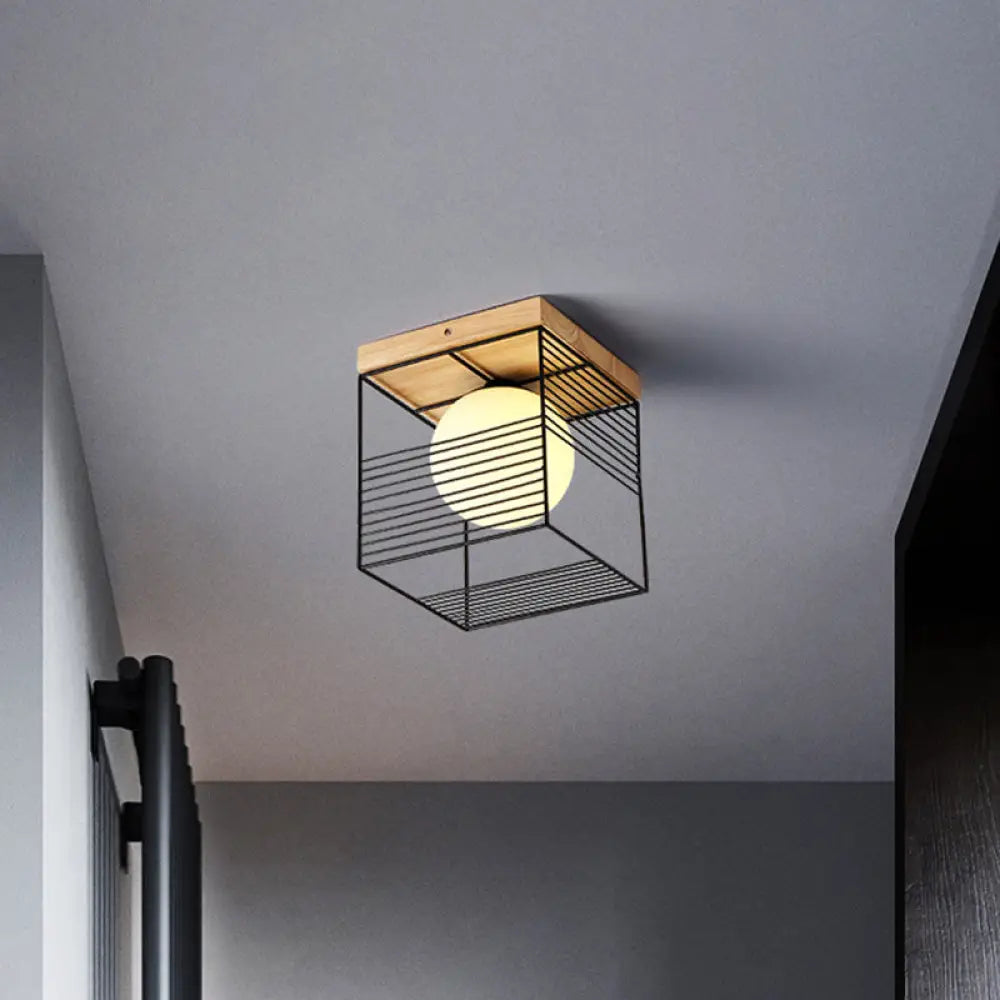 Minimalist Nordic Cage Ceiling Light With Glass Shade And Wood Canopy - Black/White Cubic Iron
