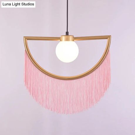 Minimalist Opal Glass Globe Suspension Light: 1-Light Hanging Lamp With Elegant Fringe