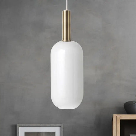 Minimalist Opal Glass Oblong Ceiling Pendant With Brass Frame - 1-Light Hanging Lamp Kit For Tables