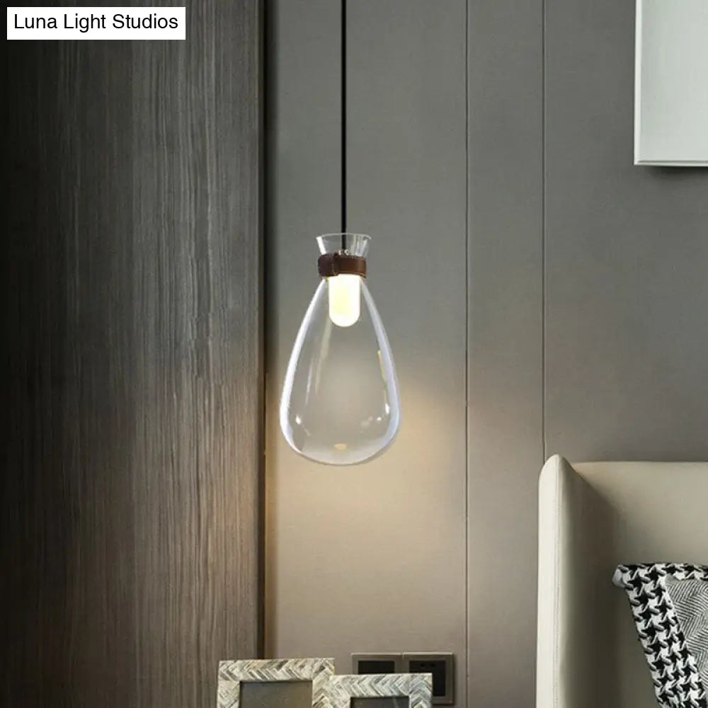 Minimalist Raindrop Glass Hanging Light With Leather Strap 1-Light Suspended Lighting Fixture