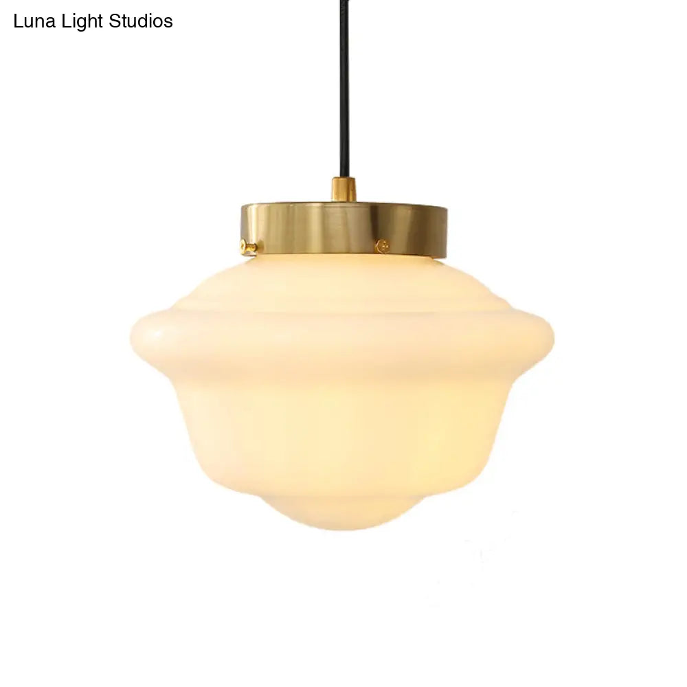 Minimalist White Glass Pendant Ceiling Light Gyro Shape Single Brass Hanging Design For Restaurants