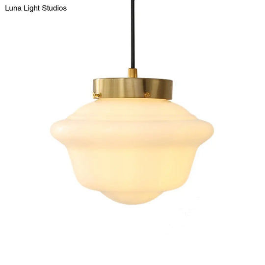Minimalist White Glass Pendant Ceiling Light Gyro Shape Single Brass Hanging Design For Restaurants