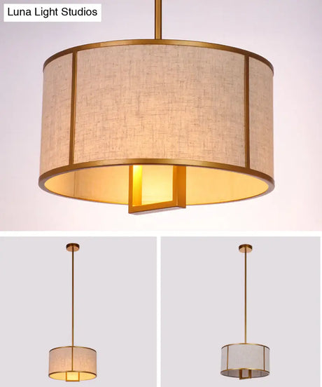 Minimalist Single-Light Fabric Drum Pendant For Living Room With 47 Carbon Steel Rod