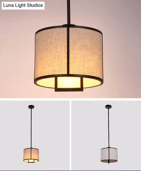 Minimalist Single-Light Fabric Drum Pendant For Living Room With 47 Carbon Steel Rod