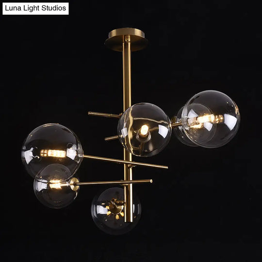Minimalist Smoke Gray Glass Semi Flush Mount Light With Brass Accents - 6/9 Globe Shaped Fixture