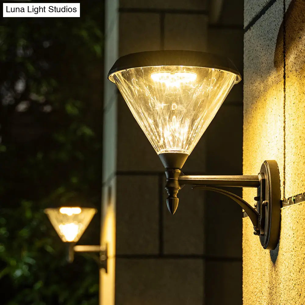 Minimalist Solar Led Wall Lamp In Black - Acrylic Conical Fixture For Porch Mount