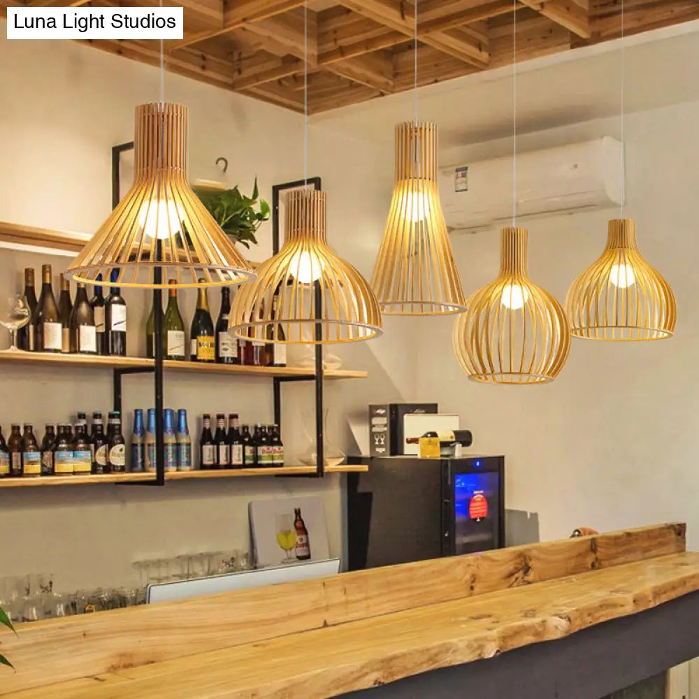Minimalist Southeast Asian Ceiling Pendant Light - Elegant Wood Finish For Restaurants