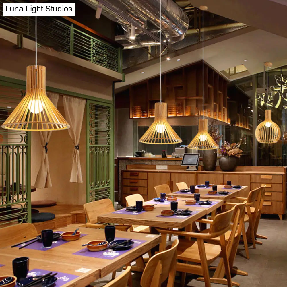 Minimalist Southeast Asian Ceiling Pendant Light - Elegant Wood Finish For Restaurants