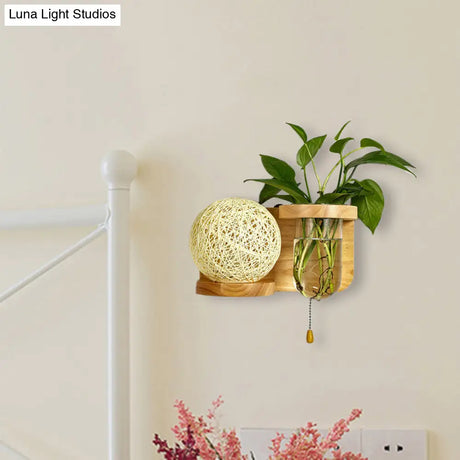 Minimalist Sphere Wall Light Sconce - Wooden Led Mounted Lighting (1 Bulb) In White/Pink/Yellow