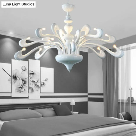 Minimalist Swan Chandelier In White - Metallic Living Room Hanging Light With 12 Bulbs