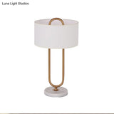 Minimalist White Drum Night Table Lamp With Brass Oval Stand - 1 Bulb Fabric Nightstand Light
