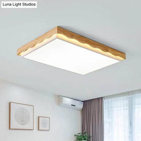 Minimalist Wood Beige Led Ceiling Light For Bedroom - Rectangular/Square Shapes In White/Warm With