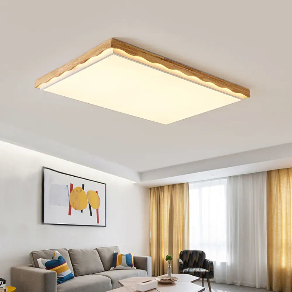 Minimalist Wood Beige Led Ceiling Light For Bedroom - Rectangular/Square Shapes In White/Warm With