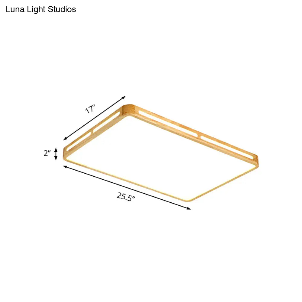 Minimalist Wood Beige Led Flush Mount Lamp For Bedroom - 25.5’/37.5’ Wide Rectangle Ceiling Light