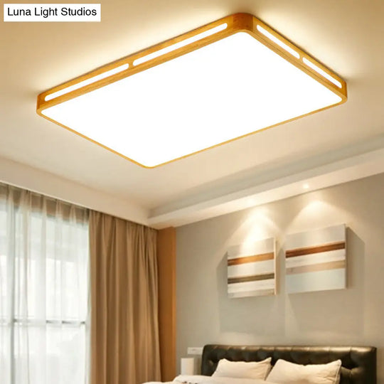 Minimalist Wood Beige Led Flush Mount Lamp For Bedroom - 25.5’/37.5’ Wide Rectangle Ceiling Light