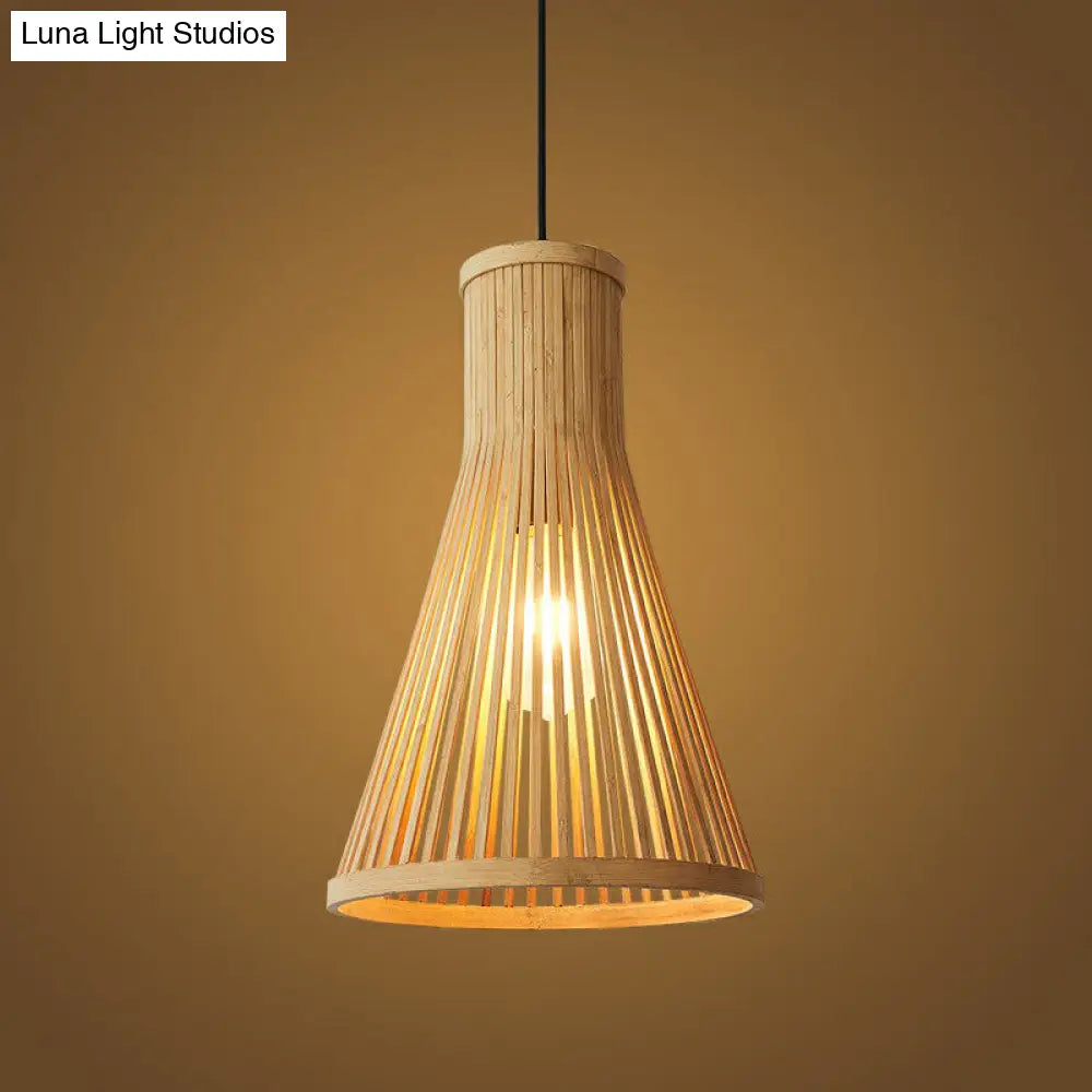 Minimalist Wood Drop Pendant Ceiling Light With Bamboo Cone Shade