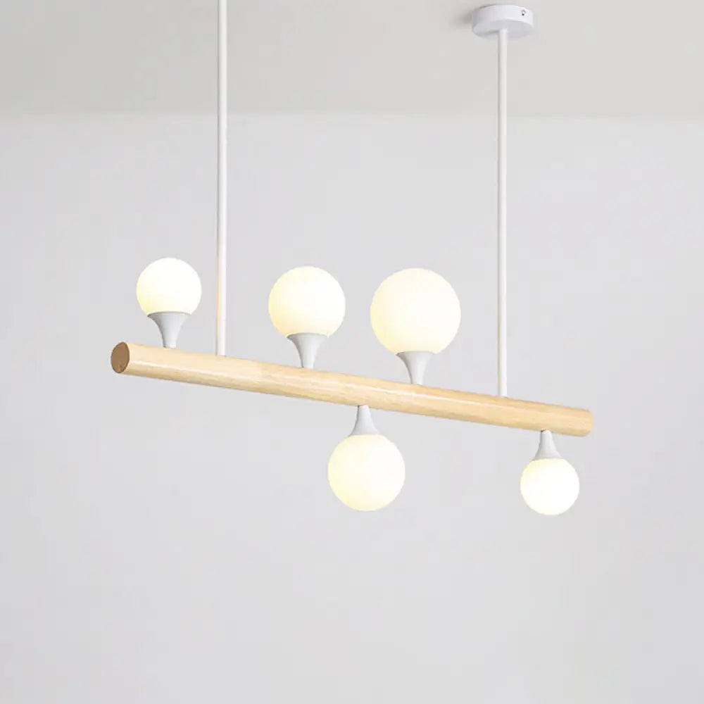 Minimalist Wood Island Pendant Light With Opal Glass Balls - Perfect For Restaurants 5 /