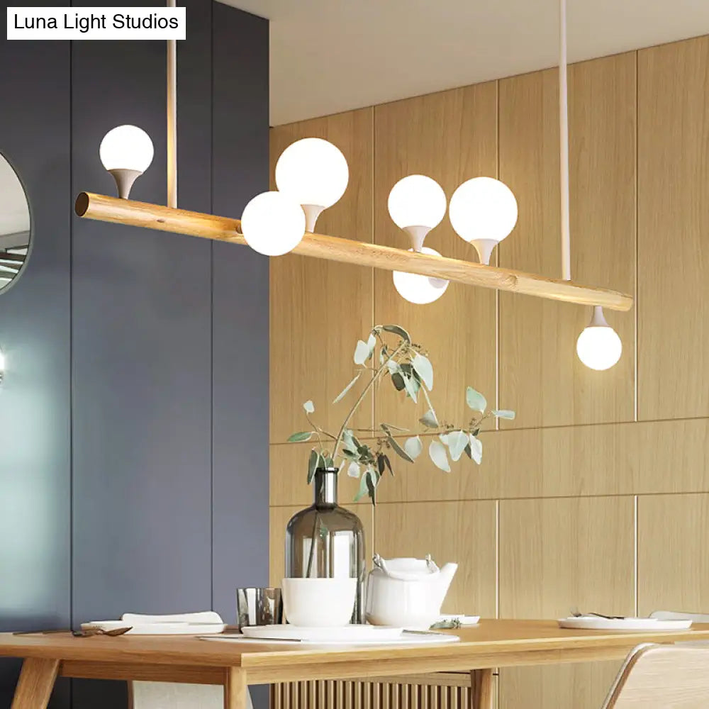 Minimalist Wood Island Pendant Light With Opal Glass Balls - Perfect For Restaurants