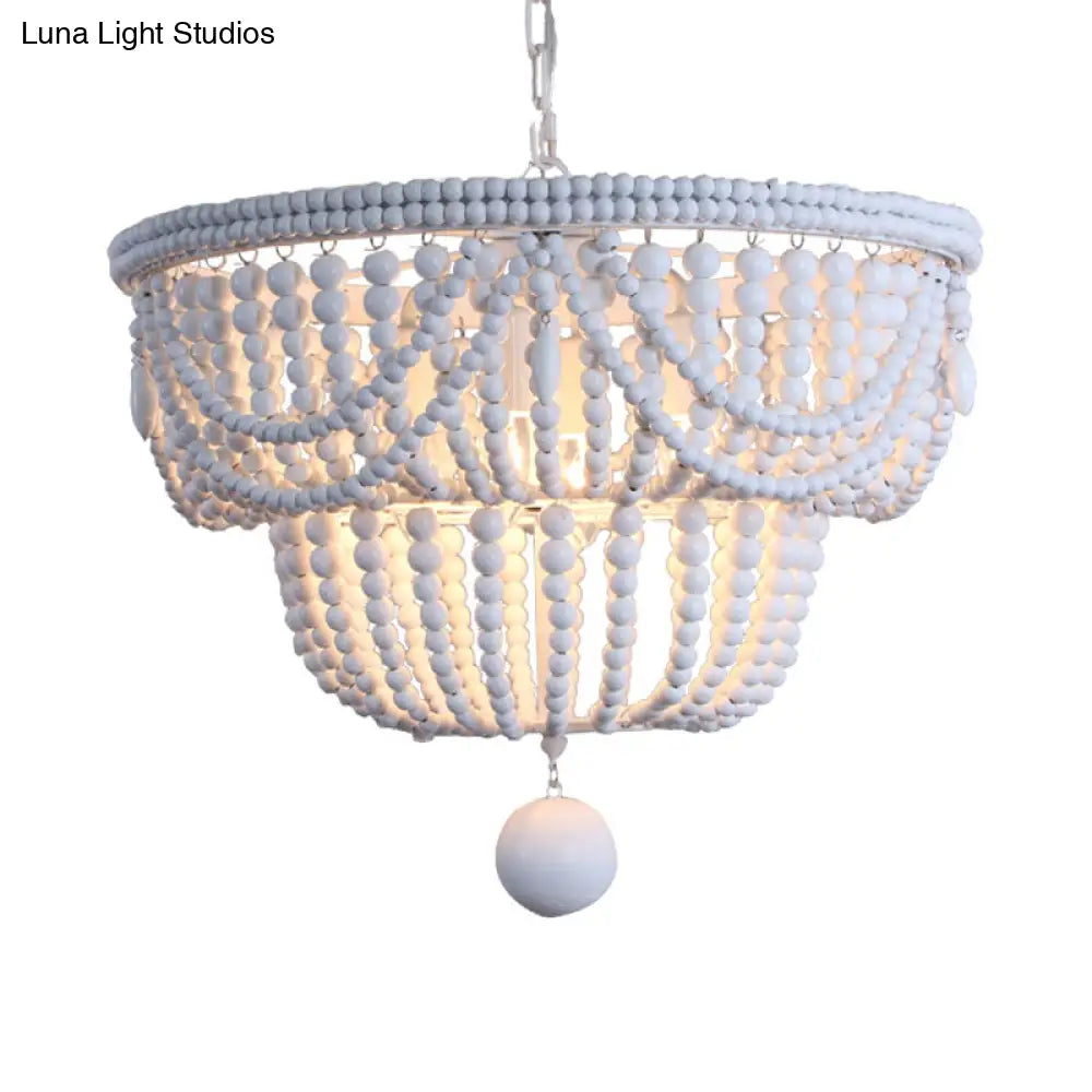 Minimalist Wood Layered Chandelier Lamp With 4 White Pendant Lights And Global Drop