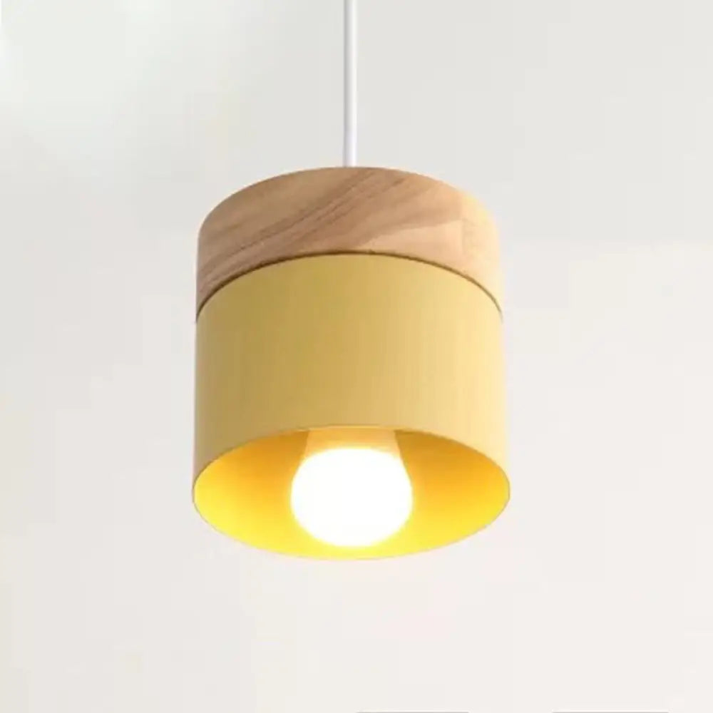 Minimalist Wood Pendant Light Fixture With Cylindrical Metal Lamp Design - Perfect For Table Yellow